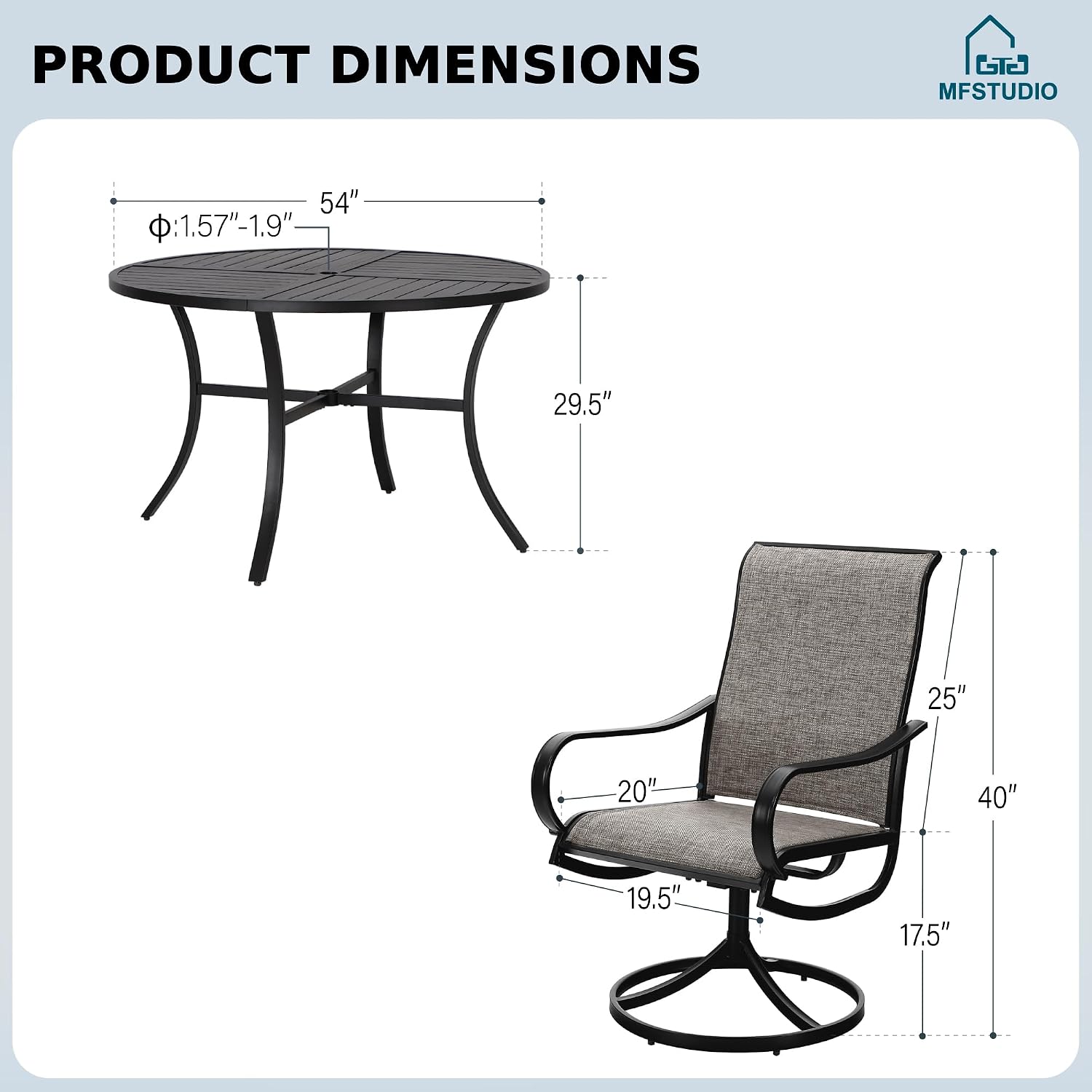 MFSTUDIO Patio Dining Set for 6, Round Patio Table and Chairs Set of 6 with Umbrella Hole, Outdoor Patio Furniture Set for Deck, Backyard, Poolside & Garden