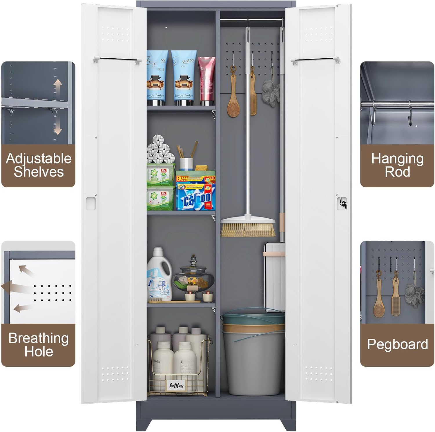GREATMEET 65'' Garage Storage Cabinet, Broom Closet, Metal Utility Cabinet for Cleaning Supply with Pegboard, Lockable Doors, Adjustable Shelves for Garage, Home, Gray White