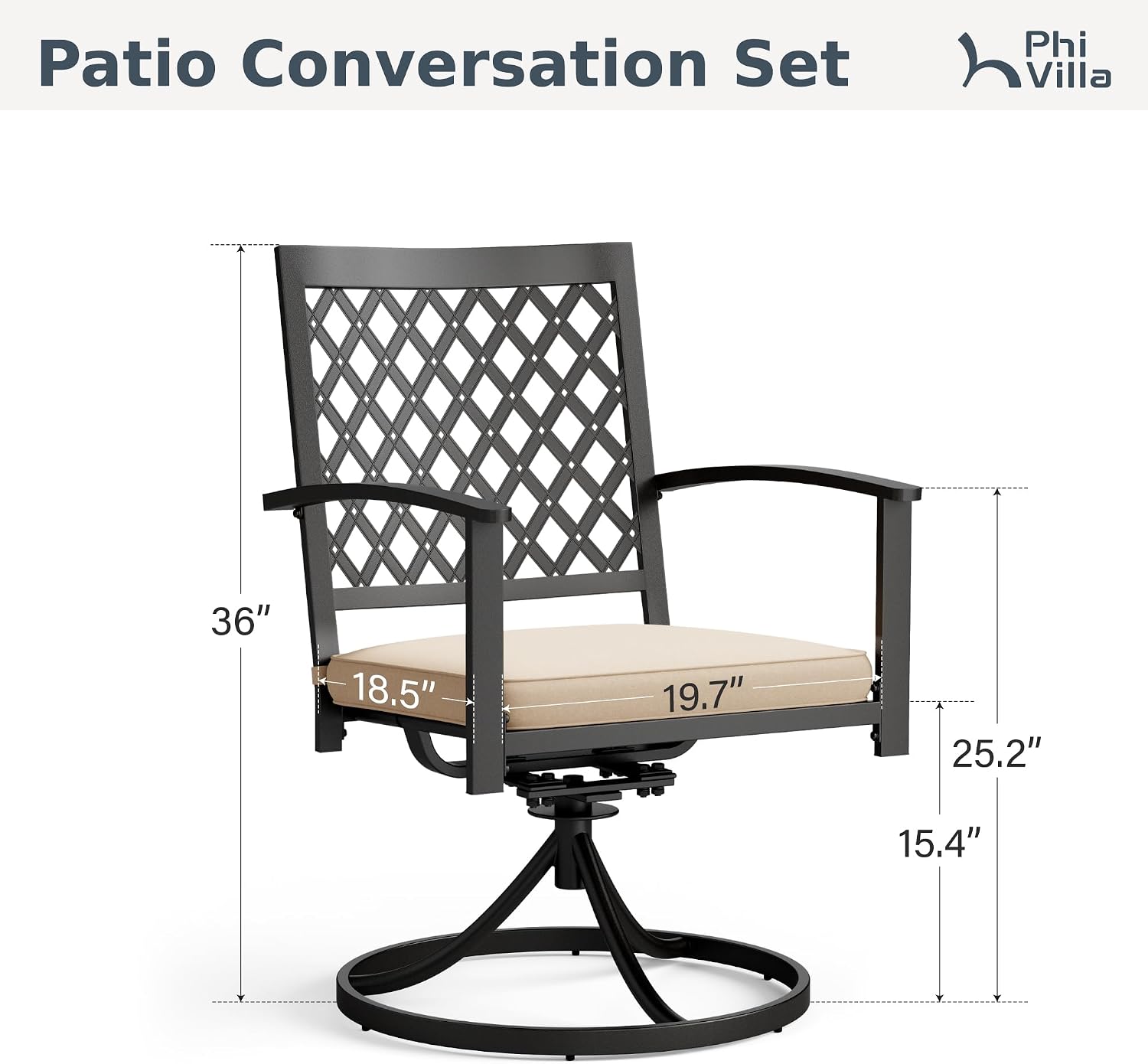 PHI VIALLA Patio Outdoor Swivel Dining Chairs Outdoor Furniture Chairs Set of 4 with Cushion Suports 300lbs for Lawn Garden Backyard Weather Resistant-Black Frame