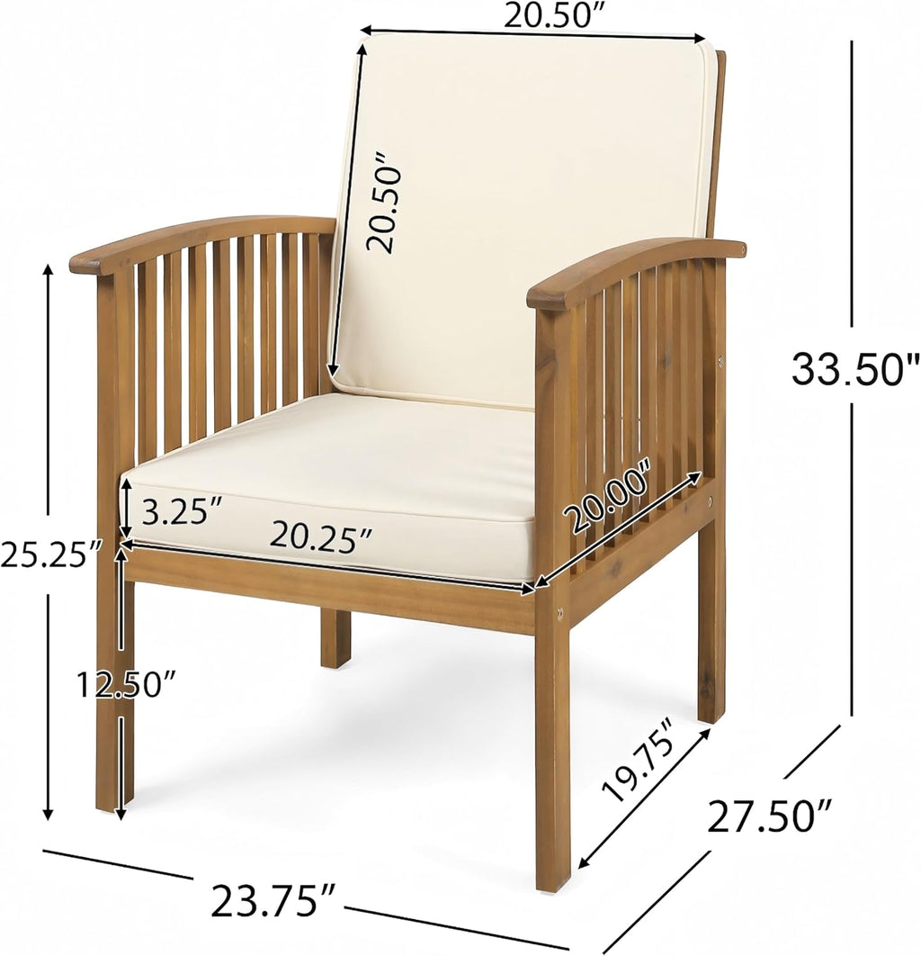 Christopher Knight Home Kiin 3 Pieces Outdoor Patio Furniture Set, Acacia Wood Patio Conversation Set, Side Table and Club Chairs with Cushion for Garden Backyard Balcony, Brown + Cream + Light Teak