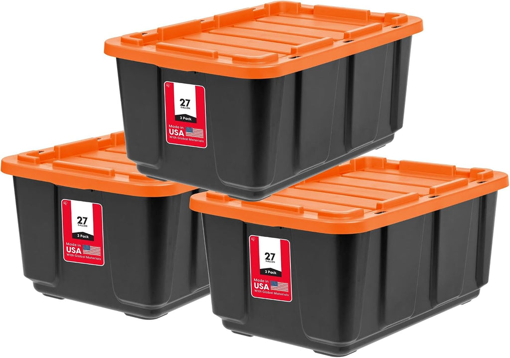 IRIS USA 3-Pack 27 Gallon Storage Bins with Lids |Made in USA| Heavy Duty Plastic Tote Containers for Truckbed Tool Box Organization, Large - Orange