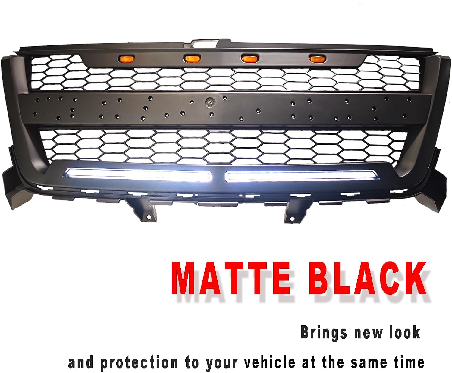 Front Grille Compatible with 2016 2017 2018 2019 2020 Colorado Replacement Front Grill, Black Letters and 4 LED Lights (with 2 LED Bars)