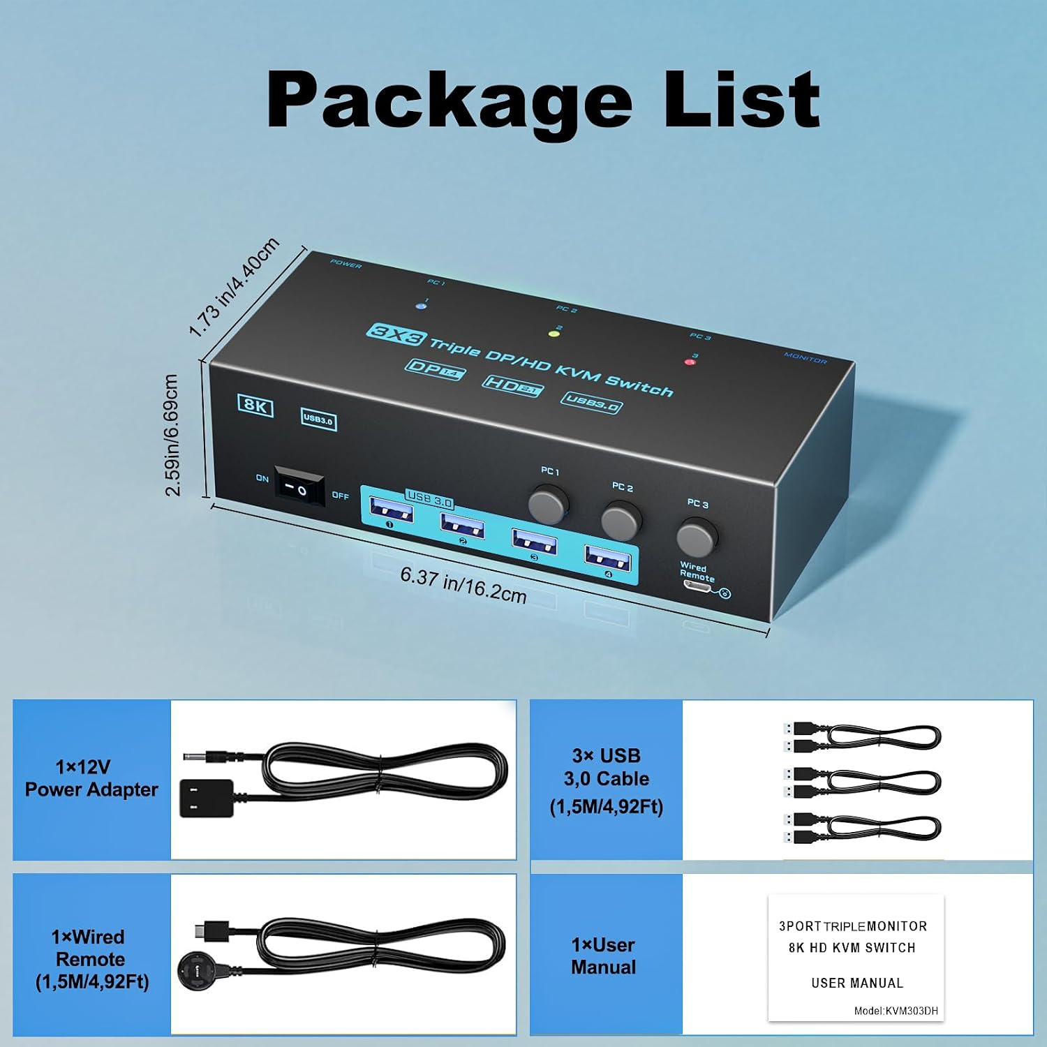 8K/4K KVM Switch 3 Monitors 3 Computers Triple Monitor 3 Port 2 Displayport 1.4 and HDMI 2.1 USB 3.0 KVM Switches, DP 1.4 Supports 8K@30Hz/4K@144Hz, HDMI Supports 8K@60Hz /4K@120Hz with Wired Remote