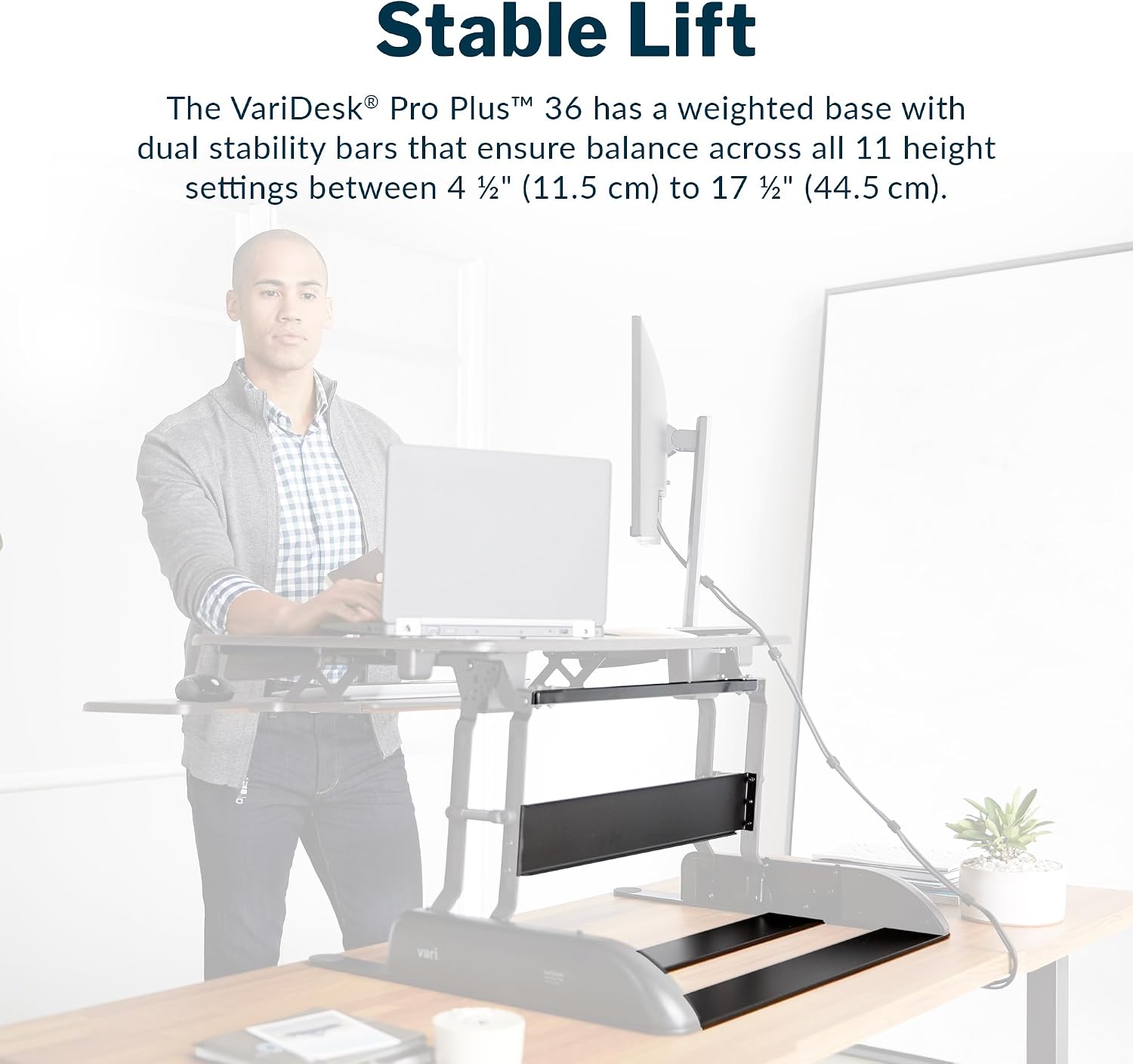 Vari Varidesk Pro Plus 36 Standing Desk Converter for Home Office – 11 Height Settings + Spring-Loader Lift, 2 Tier Design with Keyboard Tray, Fits Tables 26.5' Deep – Fully Assembled (Espresso)