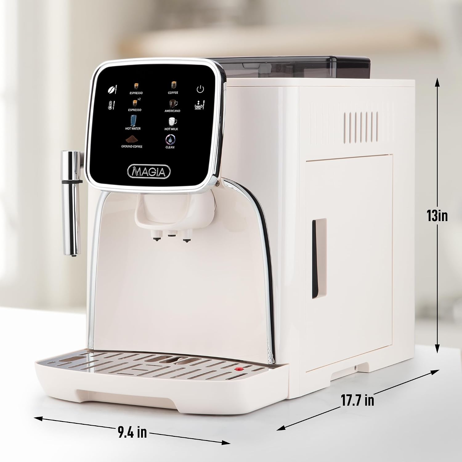 Zulay Kitchen Magia Clasica Automatic Espresso Machine with Built-In Grinder, Touch Panel Coffee Maker, Steam Wand Milk Frother, Adjustable Strength, Self-Cleaning, Cream & Silver (13' x 17.7' x 9.4')