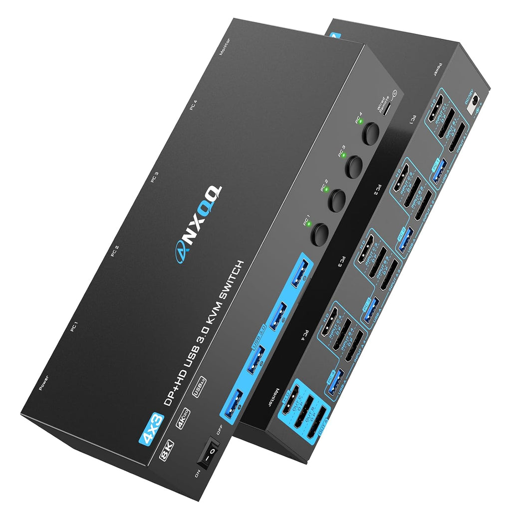 8K@60Hz/4K@144Hz KVM Switch 4 Computers 3 Monitors, ANXQQ HDMI KVM Switch Displayport Share 4 USB 3.0 Devices, Support Mirror/Extended Mode, with 4 USB Cables, Wired Remote and Power Adapter