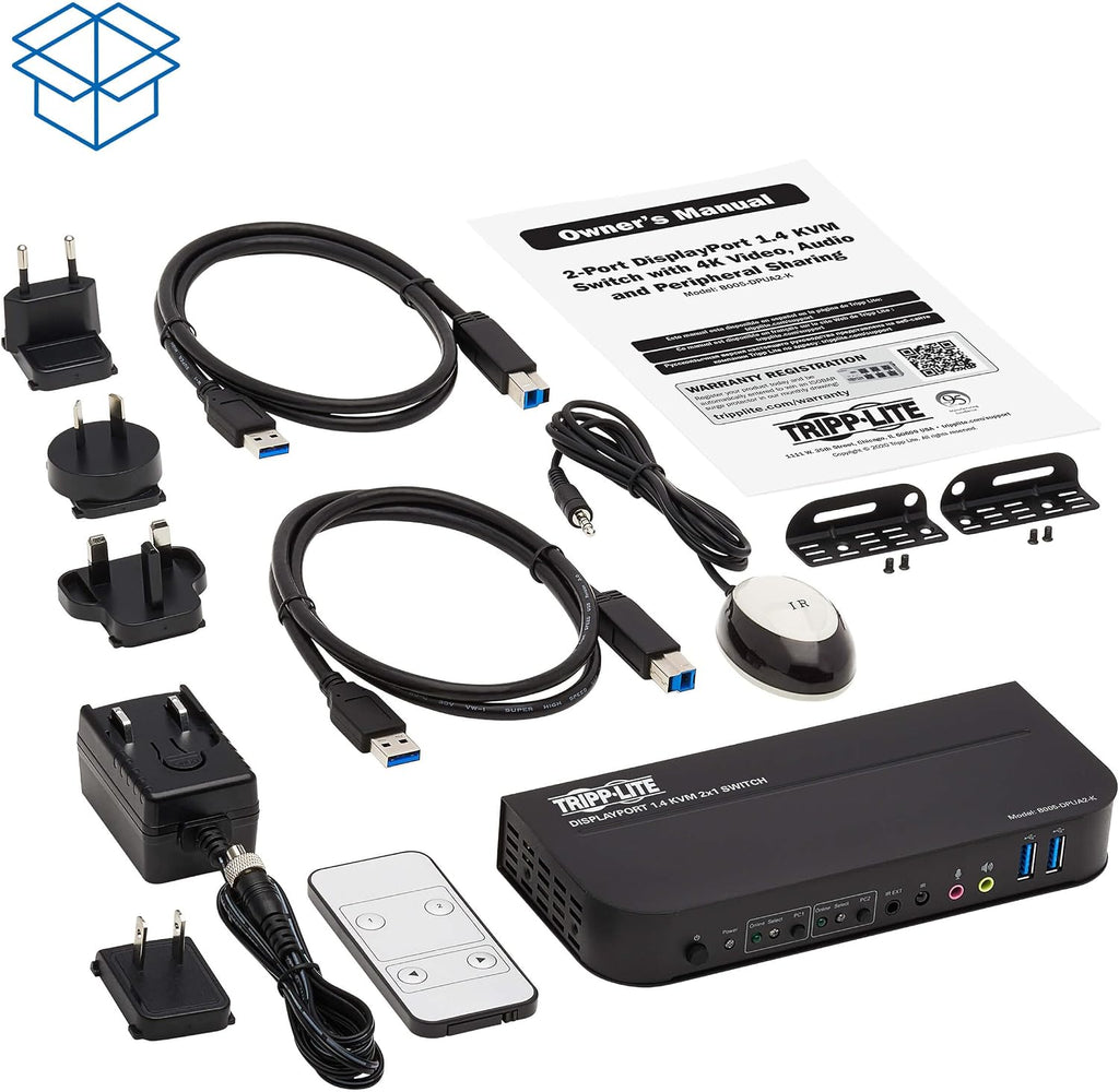 Tripp Lite 2 Port DisplayPort USB KVM Switch, Dual Port DP USB KVM Switch, 4K 60 Hz, HDR, HDCP 2.2, DP 1.4, USB 3.0 Cables, Black (B005-DPUA2-K)