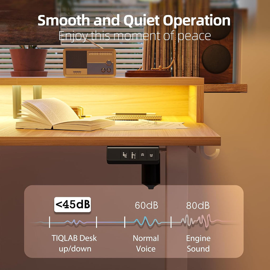 TIQLAB 63'' L-Shaped Standing Desk with LED Light Strip and Power Outlet, Height Adjustable Corner Table with Ergonomic Monitor Stand, Light Walnut