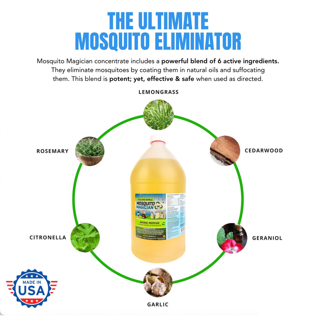 Mosquito Magician 1 Gallon Liquid Concentrate & 15L Battery Operated Backpack Sprayer - User-Friendly - for Yards, Lawns, Patios - Kills Mosquitoes, Fleas, Fire Ants - with 6 Natural Essential Oils