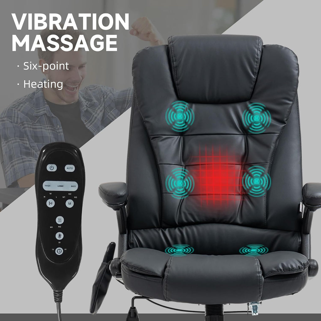 HOMCOM High Back Vibration Massage Office Chair with 6 Vibration Points, Heated Reclining PU Leather Computer Chair with Armrest and Remote, Black