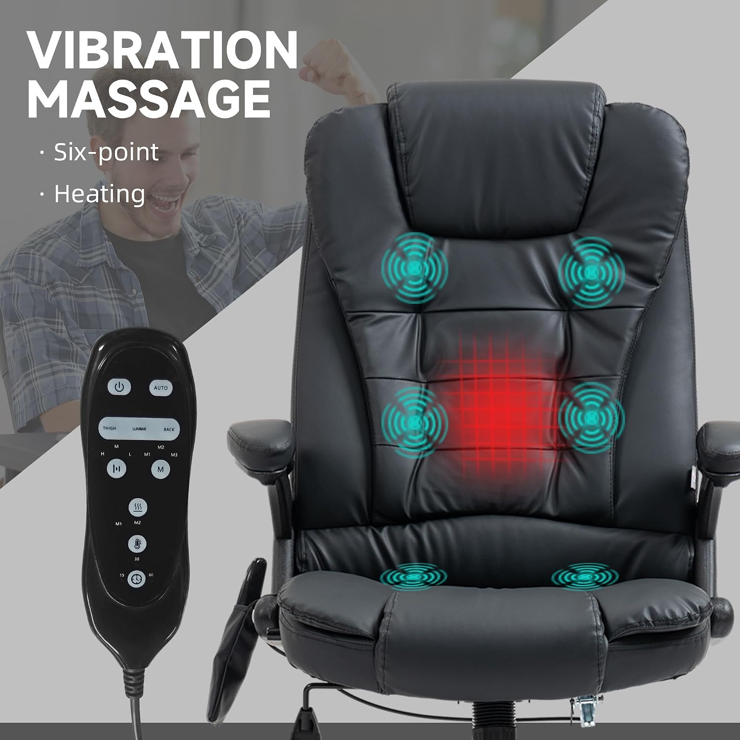 HOMCOM High Back Vibration Massage Office Chair with 6 Vibration Points, Heated Reclining PU Leather Computer Chair with Armrest and Remote, Black