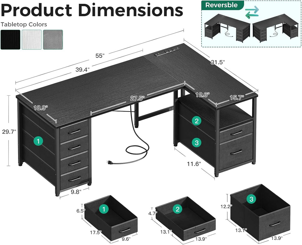 Coleshome L Shaped Computer Desk with 6 Drawers & Power Outlet, 55 Inch Corner Desk with Reversible Storage Shelf & File Drawer, Home Office Desk, Black