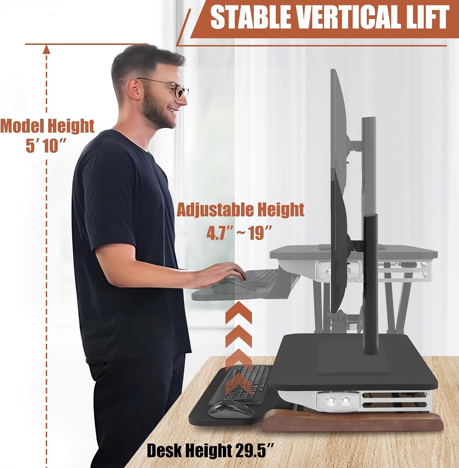 Electric Standing Desk Converter with Keyboard Tray, 26x16 Inch, Height Adjustable Sit to Stand Desk Riser with Unique Side Cover and Wooden Feet, Small Motorized Monitor Riser for Office & Home