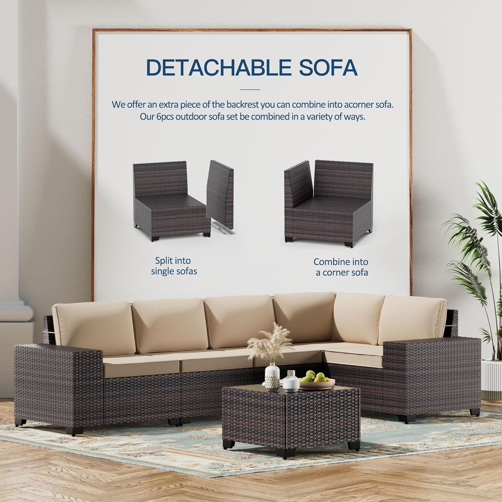 6 PCS Outdoor Patio Furniture Set,Outdoor Sectional Furniture All Weather PE Rattan Wicker Patio Conversation Set with Coffee Table and 5 Thickened Cushions,Sand