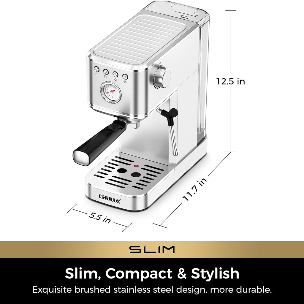 CHULUX Slim Espresso Machine with Milk Frother, 20 Bar Professional Italian Pump Espresso Coffee Machine for Home Cappuccino & Latte Maker, Stainless Steel, Silver