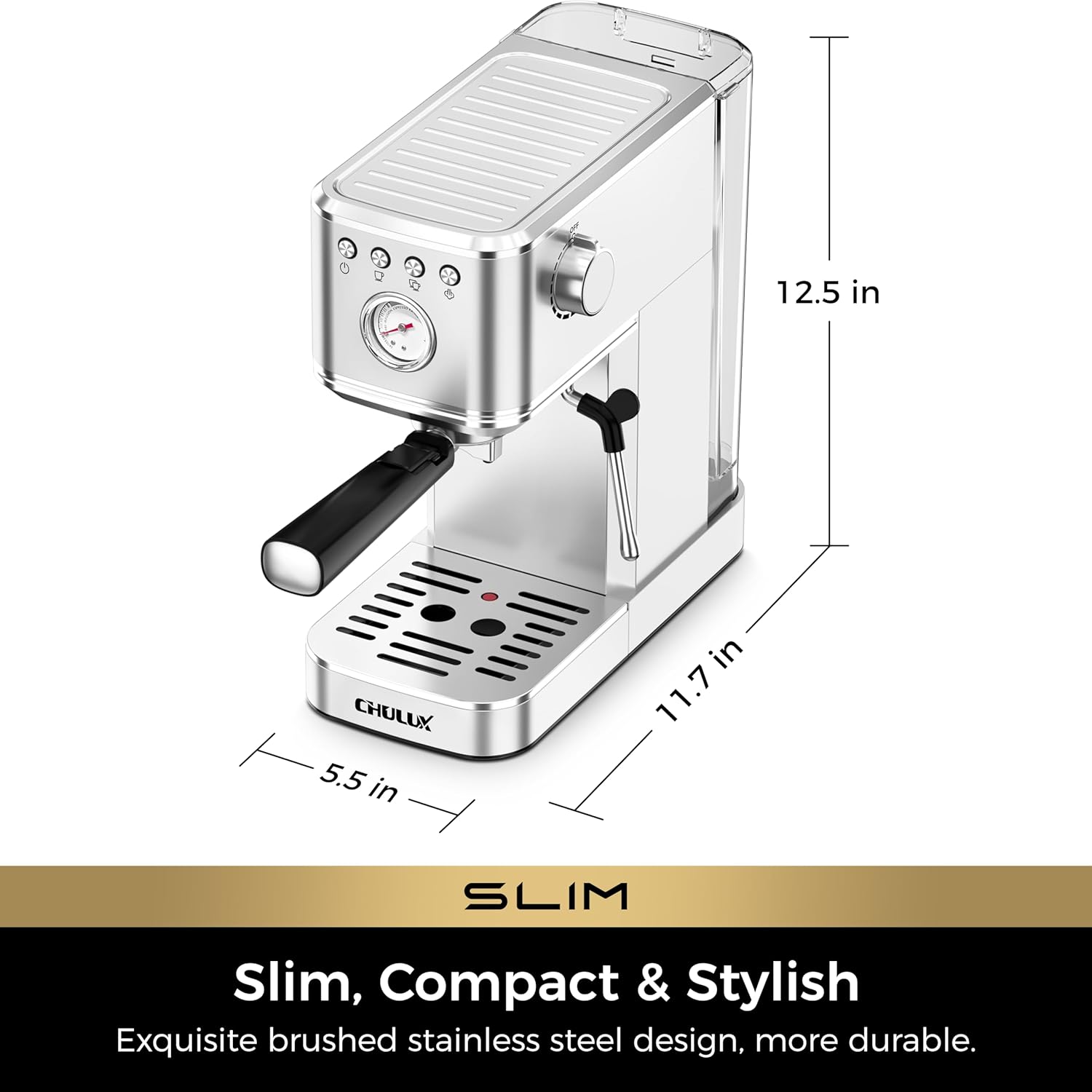 CHULUX Slim Espresso Machine with Milk Frother, 20 Bar Professional Italian Pump Espresso Coffee Machine for Home Cappuccino & Latte Maker, Stainless Steel, Silver