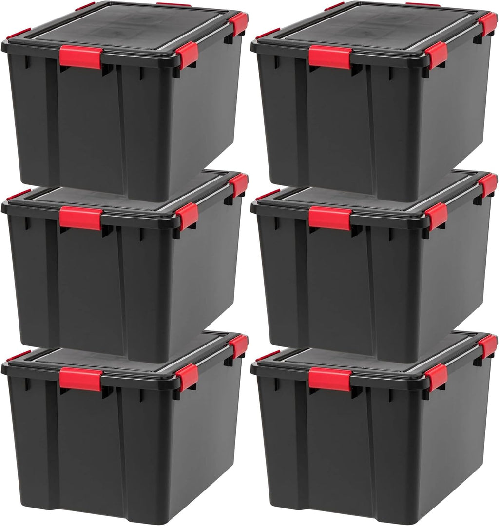 IRIS USA WeatherPro 74 Qt Storage Bins with Lids, 6 Pack, BPA-Free Plastic Gasket Box with Tight Latch and Seal, Stackable Nestable Tote Tub - Black/Red