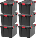 IRIS USA WeatherPro 74 Qt Storage Bins with Lids, 6 Pack, BPA-Free Plastic Gasket Box with Tight Latch and Seal, Stackable Nestable Tote Tub - Black/Red