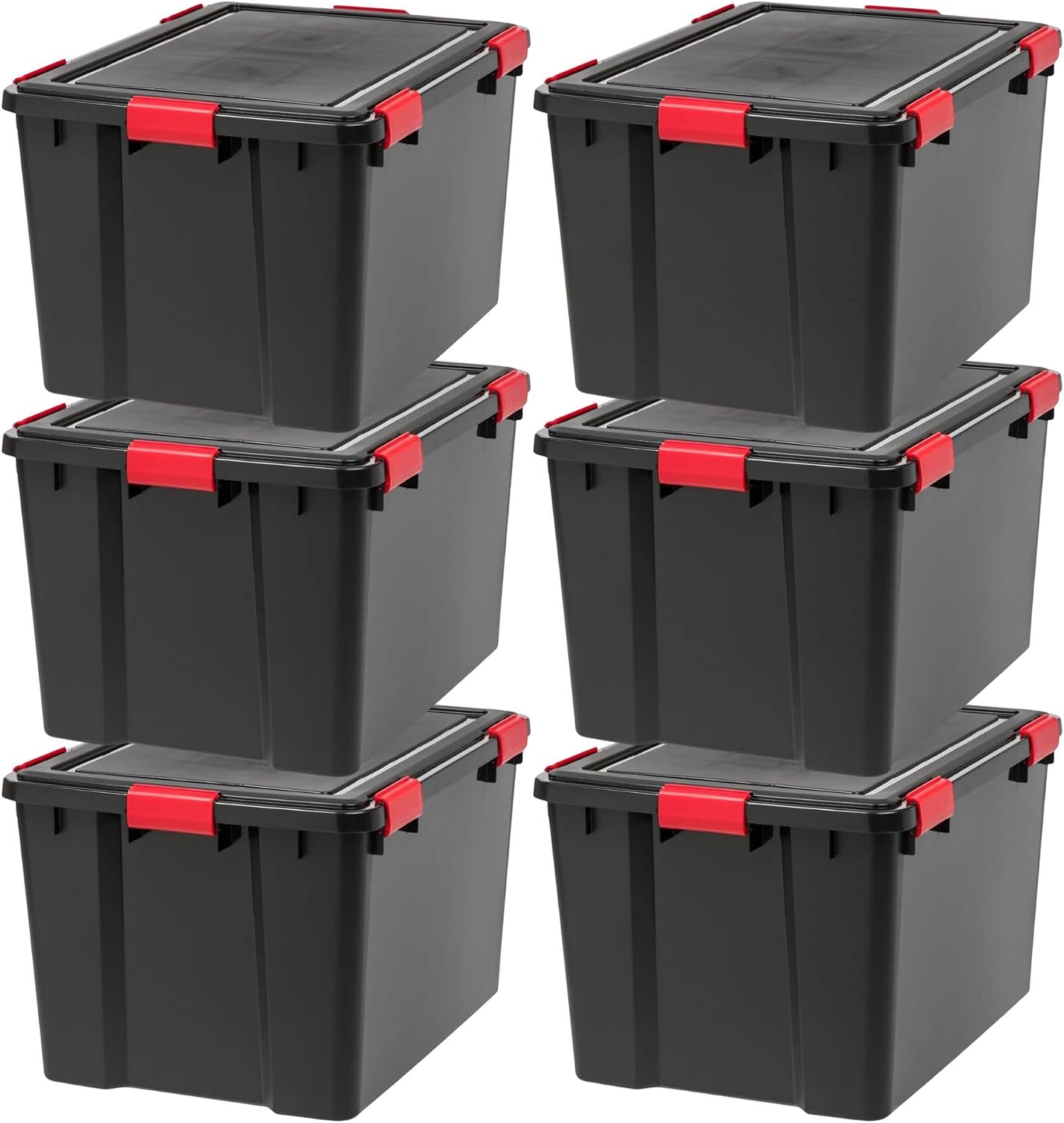 IRIS USA WeatherPro 74 Qt Storage Bins with Lids, 6 Pack, BPA-Free Plastic Gasket Box with Tight Latch and Seal, Stackable Nestable Tote Tub - Black/Red