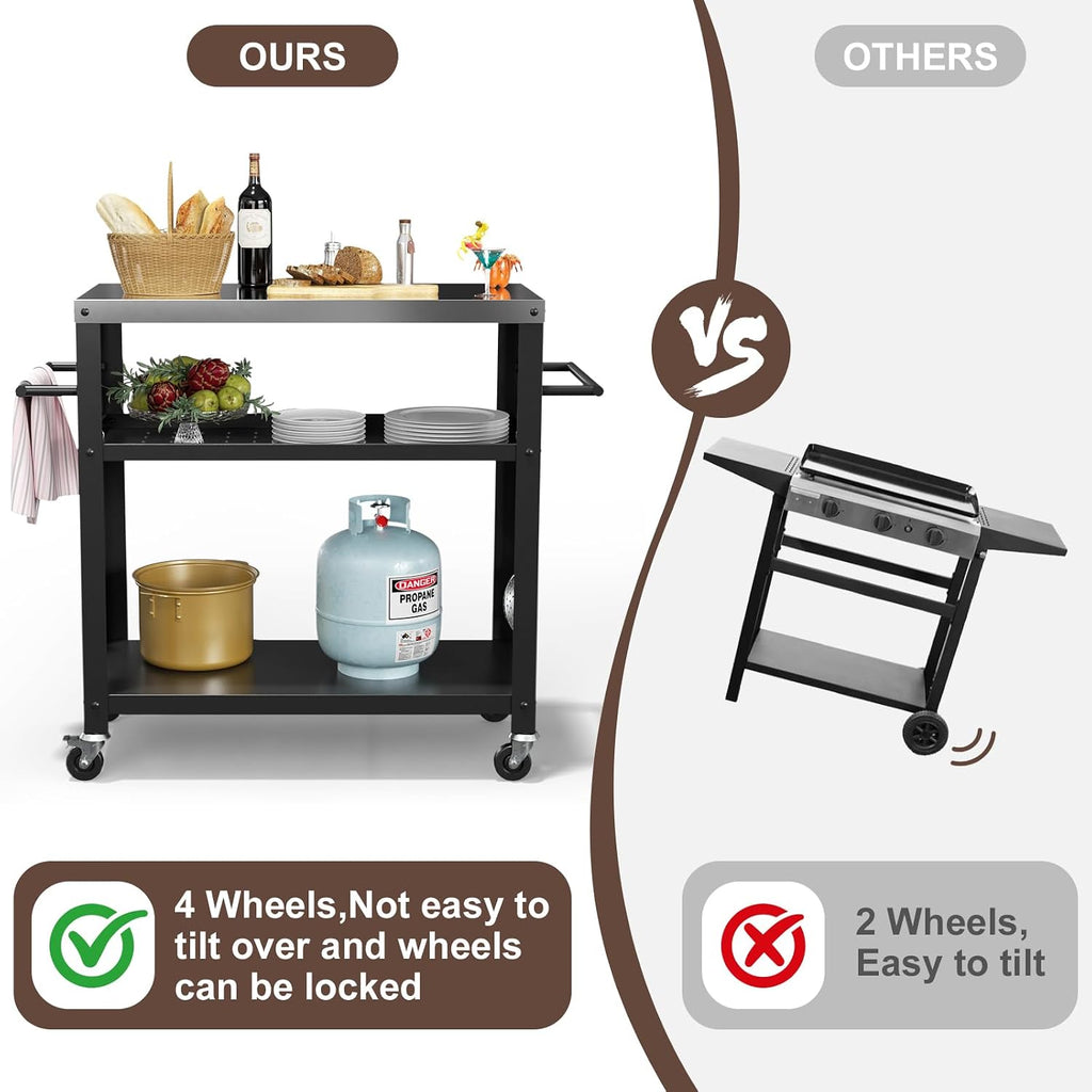 Nessxa Outdoor Grill Cart with Three-Shelf, Stainless Steel Pizza Oven Table for Outside, Dining Kitchen Cart with Two Side Handle, Garden Patio BBQ Kitchen Food Prep Table Cart (Black)