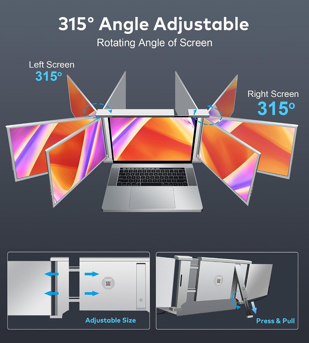 Laptop Screen Extender, 14' FHD 1080P IPS Laptop Monitor Extender, 315° Rotation Triple Portable Monitor for 13.5' -16.5' Laptops, Type-C/HDMI/USB-A Plug & Play for Wins, Mac, Android, Switch