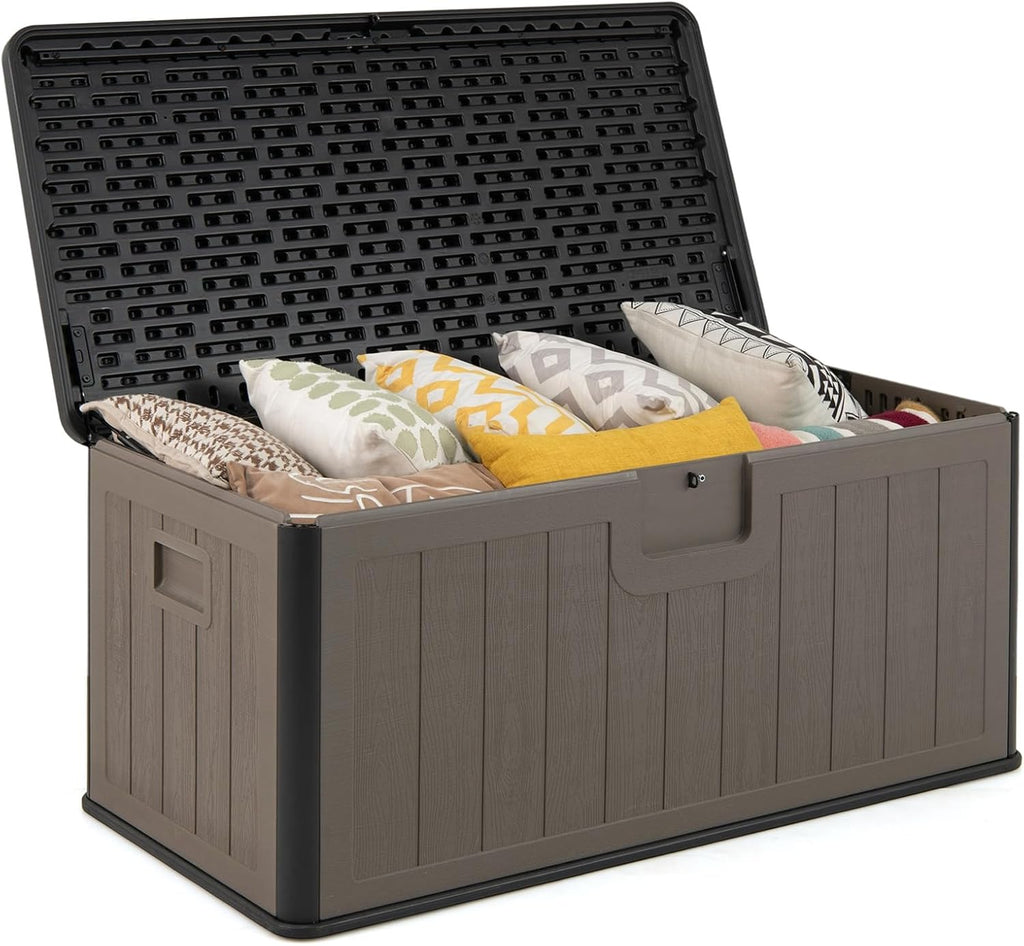 Tangkula 100 Gallon Outdoor Storage Box, Resin Outdoor Storage Bench with Lockable Lid, Waterproof Deck Box for Garden Tools, Pool Accessories, Cushions (100 Gallon,Black+Brown)