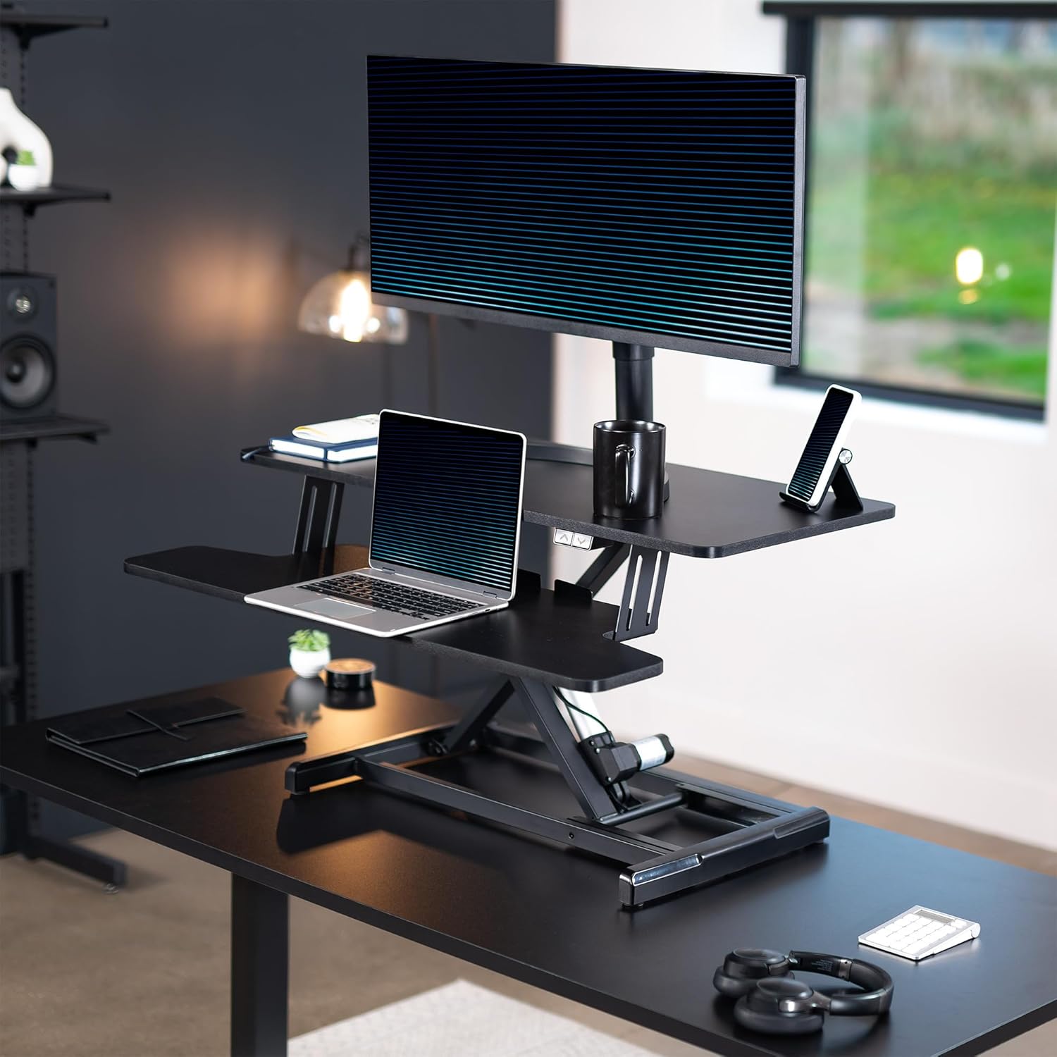 VIVO 36 inch Electric Motor Desk Converter, Height Adjustable Riser, Sit to Stand Dual Monitor and Laptop Workstation with Wide Keyboard Tray, Black, DESK-VE36B
