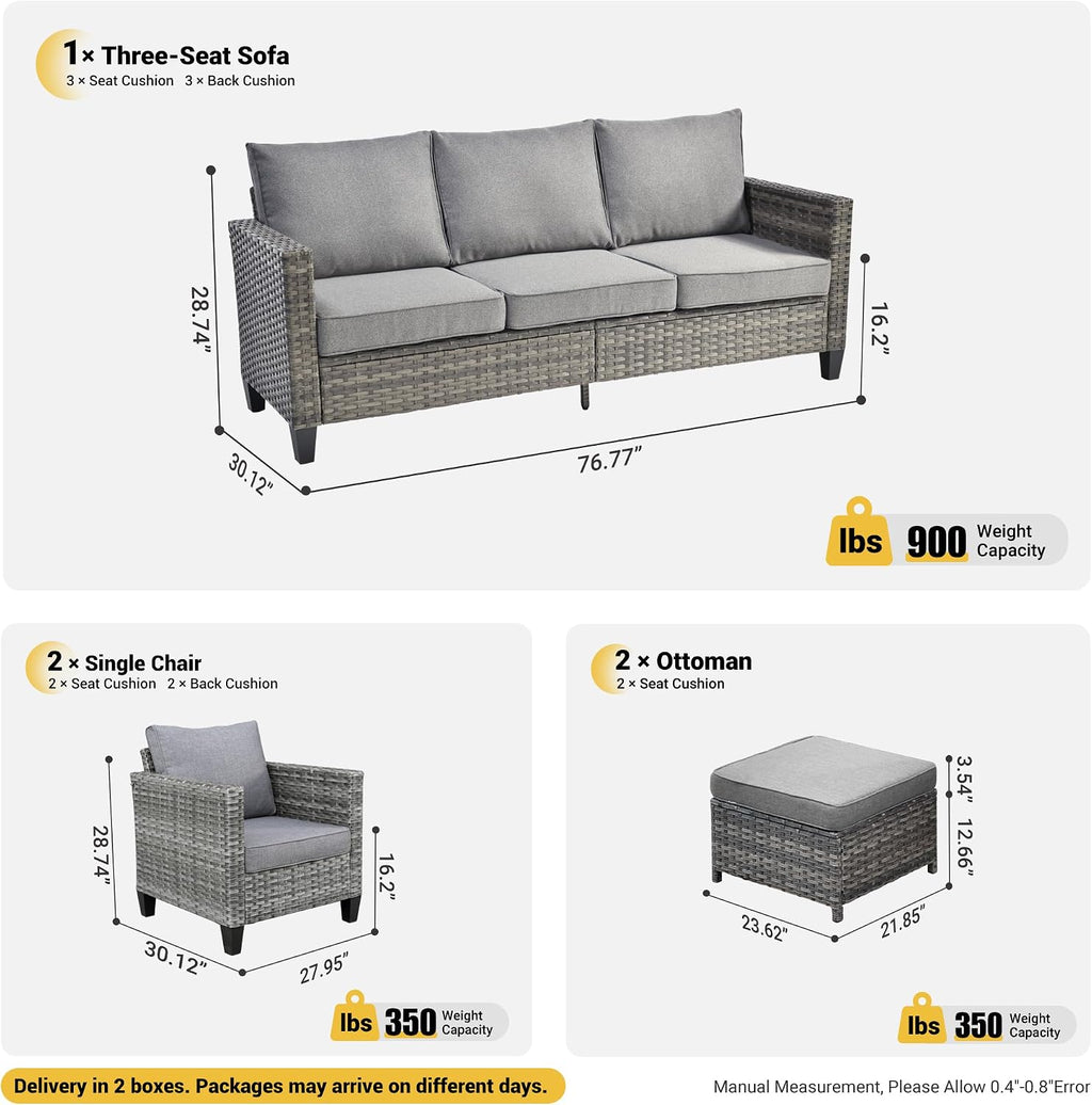 ovios 5 Pieces Patio Furniture Set, Outdoor Wicker Rattan Sofa Couch with Ottomans Comfy Cushions, Modern Conversation Set for Deck Backyard Porch, Dark Grey