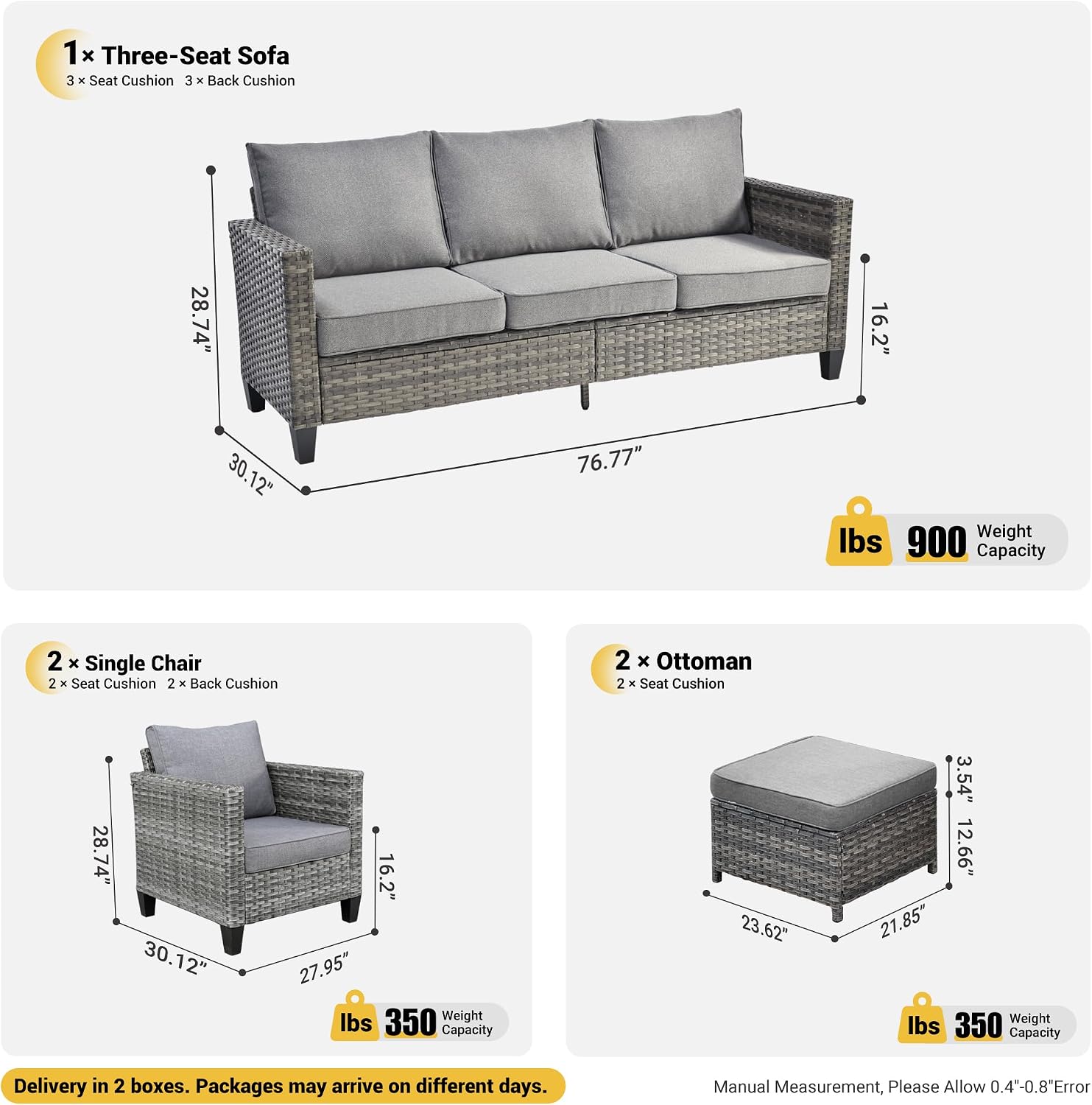 ovios 5 Pieces Patio Furniture Set, Outdoor Wicker Rattan Sofa Couch with Ottomans Comfy Cushions, Modern Conversation Set for Deck Backyard Porch, Dark Grey
