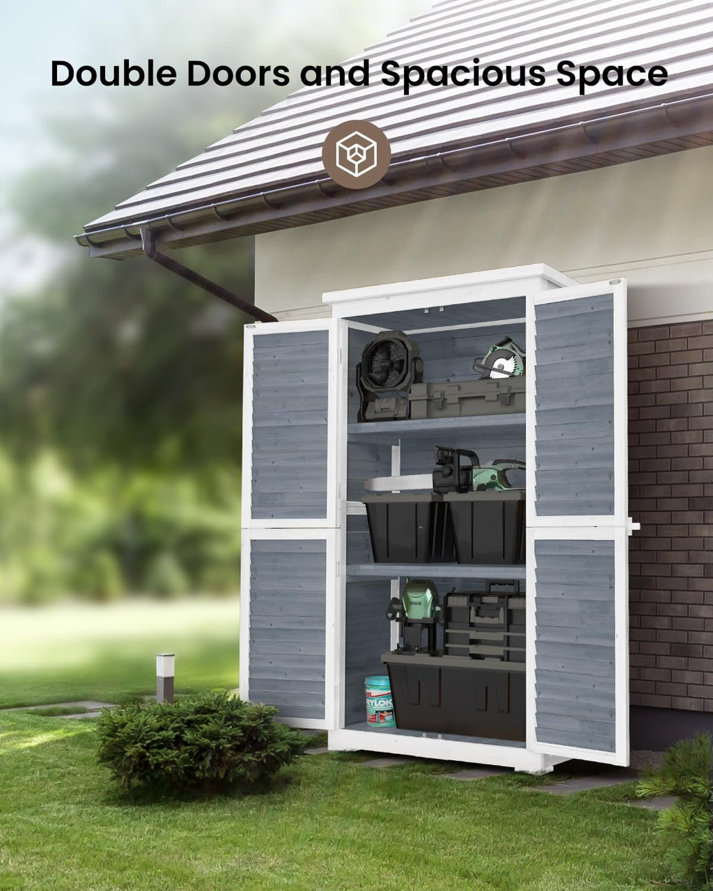 Bealife 63.2' Outdoor Storage Cabinet with Double Doors, Lockable Vertical Storage Shed with 3 Shelves Organizer, Waterproof Fir Wood Tool Closet Shed for Garden, Backyard, Patio, and Lawn -Grey