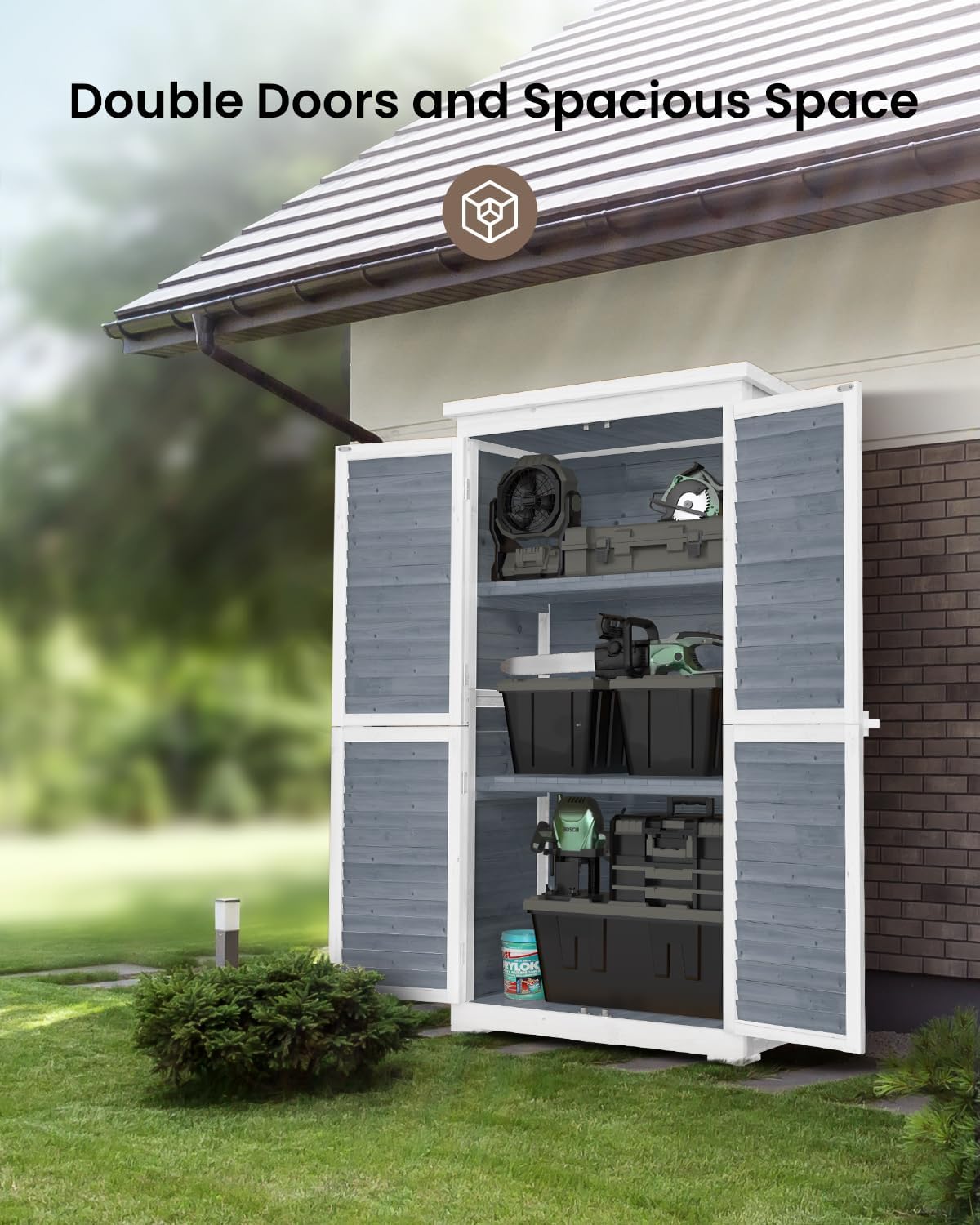 Bealife 63.2' Outdoor Storage Cabinet with Double Doors, Lockable Vertical Storage Shed with 3 Shelves Organizer, Waterproof Fir Wood Tool Closet Shed for Garden, Backyard, Patio, and Lawn -Grey
