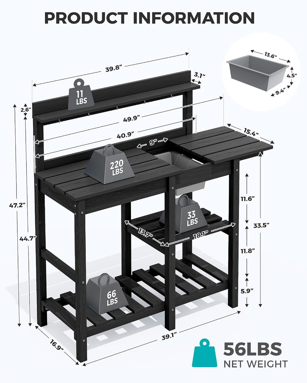SERWALL Outdoor Potting Bench with Removeable Sink,Rot-Resistant HDPE Potting Table for Outside Gardening, All Weather Use - Black