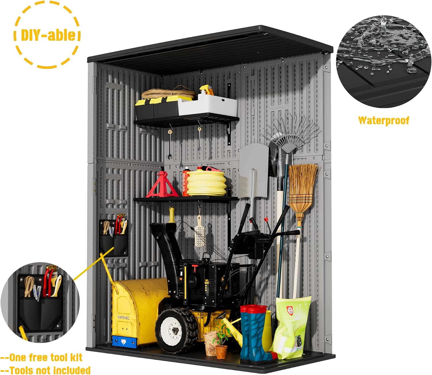 Mrosaa Vertical Storage Sheds with Floor, Sheds & Outdoor Storage Cabinet Waterproof for Garage Storage, Pool Storage, Bike Shed, Garden Shed 57Cu.ft Light Gray