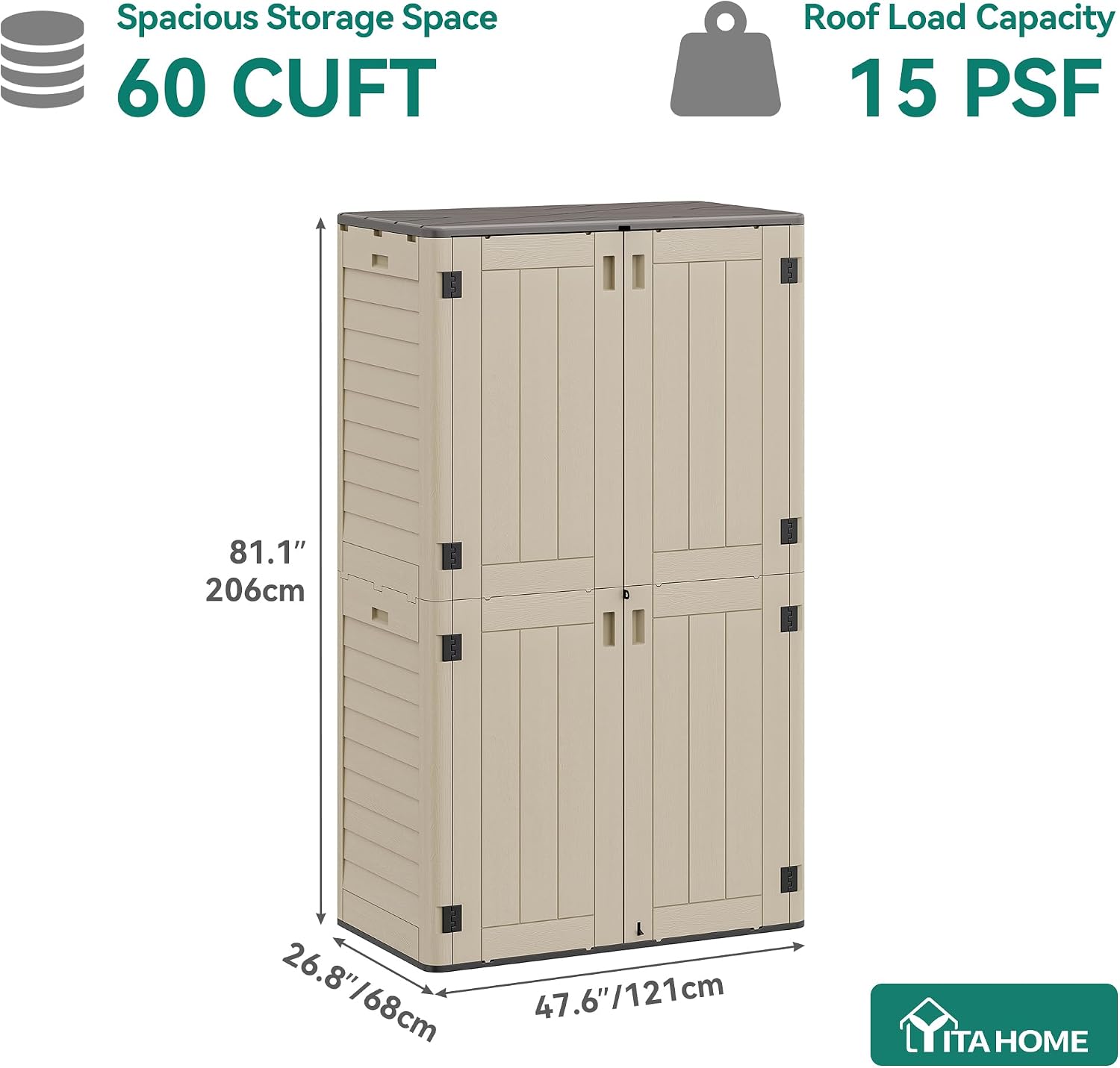YITAHOME 60 cu ft Tall Outdoor Storage Shed w/o Shelf, Resin Vertical Outdoor Storage Shed, Large Waterproof Storage Cabinet for Garage, Poolside, and Garden (Khaki + Black)