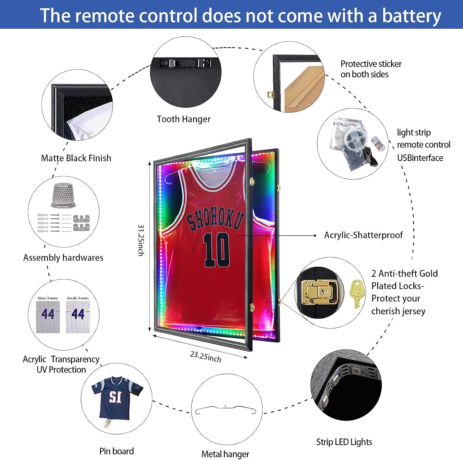 Grintus Jersey Frame Display Case,Lockable With Colorful Led Lights Display Box For Jersey Display With UV Protection Acrylic And Hanger For Baseball Basketball Football Hockey Sport Shirt,Black-3Pack