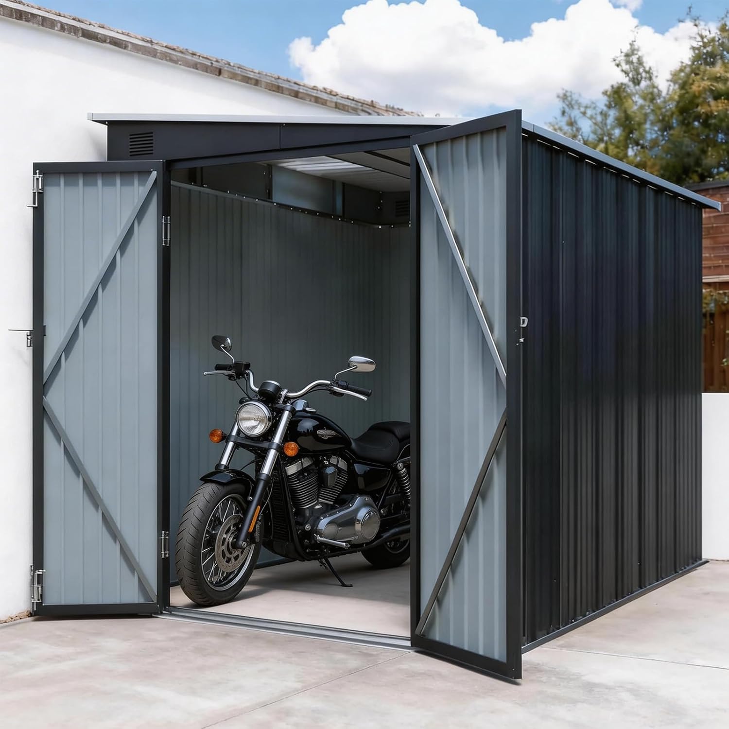 6x8 FT Lean to Shed with Skylight & Double Doors, Metal Outdoor Storage Shed with Free PC Light Board for Tools, Outside Storage Shed Waterproof for Backyard, Patio, Garden