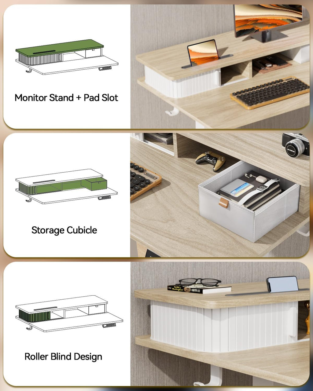 JOY worker Small Electric Standing Desk, 35' x 25' Height Adjustable Desk with Built-in Monitor Stand & Storage Drawer, White Sit Stand Desk with 2 Hooks for Home Office, Light Walnut
