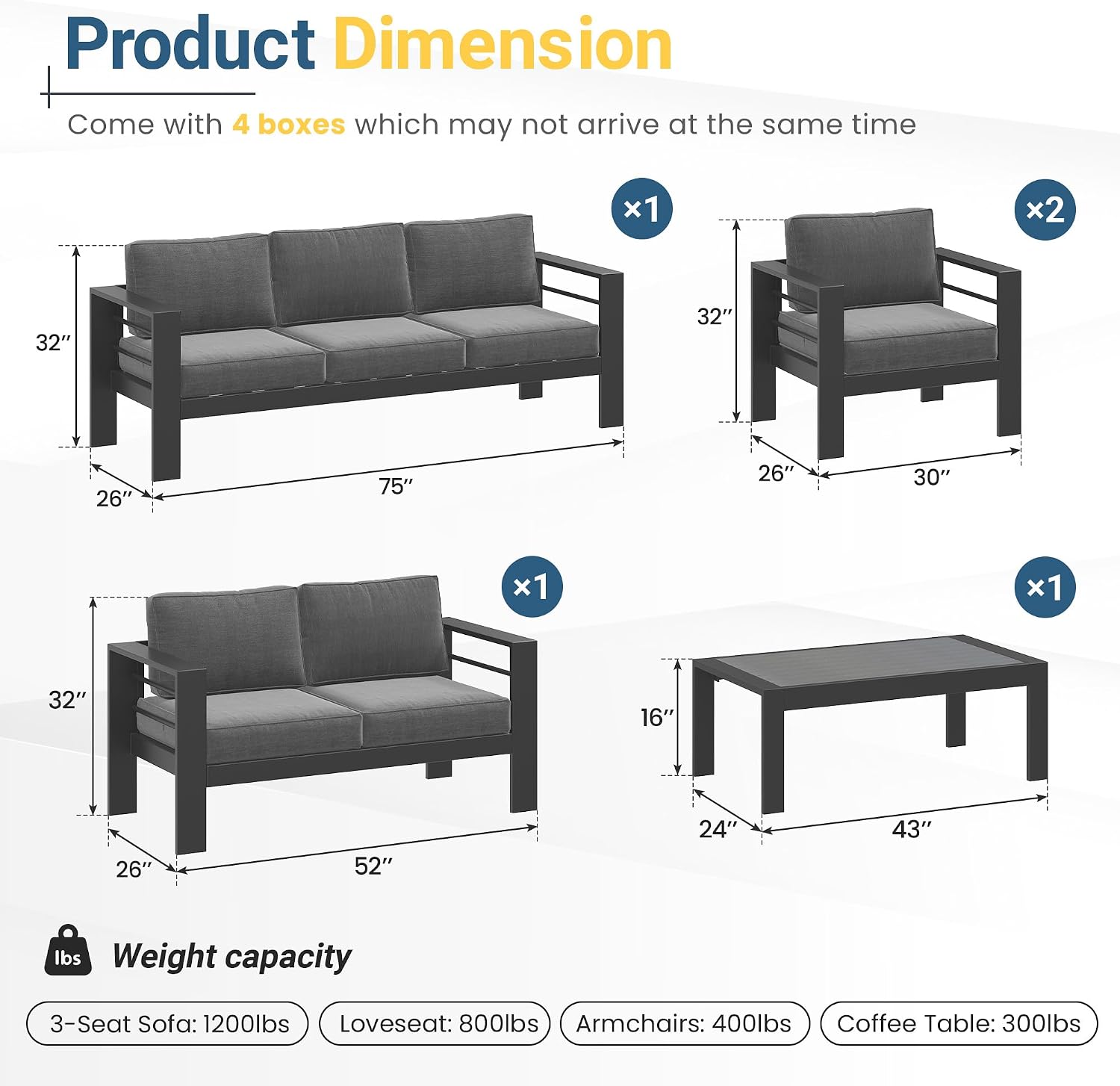 Solaste Aluminum Patio Furniture Set for All Weather, Oversized Metal Outdoor Furniture Set with 27.5' Deep Seating and 3.2' Wide Armrest, Outdoor Patio Conversation Sets with 10' Back Cushion, Gray