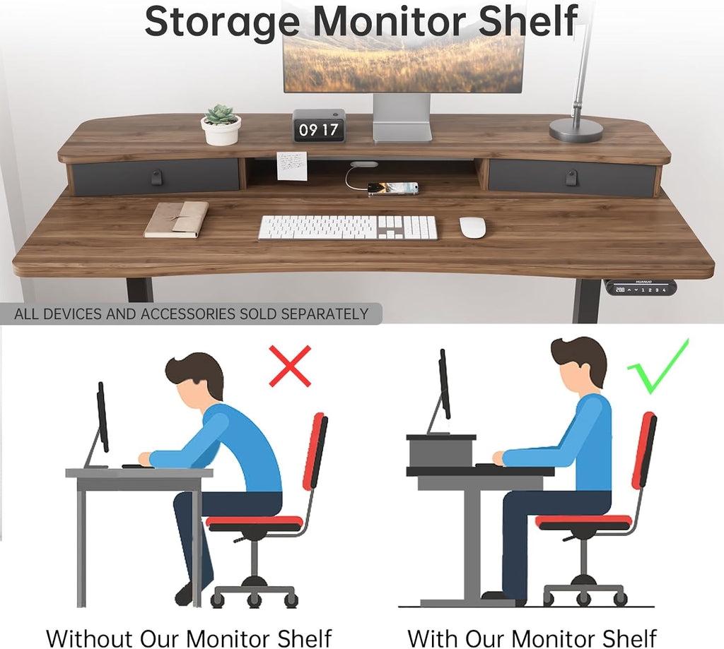 HUANUO 55' x 26' Electric Standing Desk with 2 Drawers, C-Clamp Mount Compatible, Height Adjustable Computer Desk, Home Office Stand Up Desk with 4 Preset Heights & 2 Hooks, Walnut