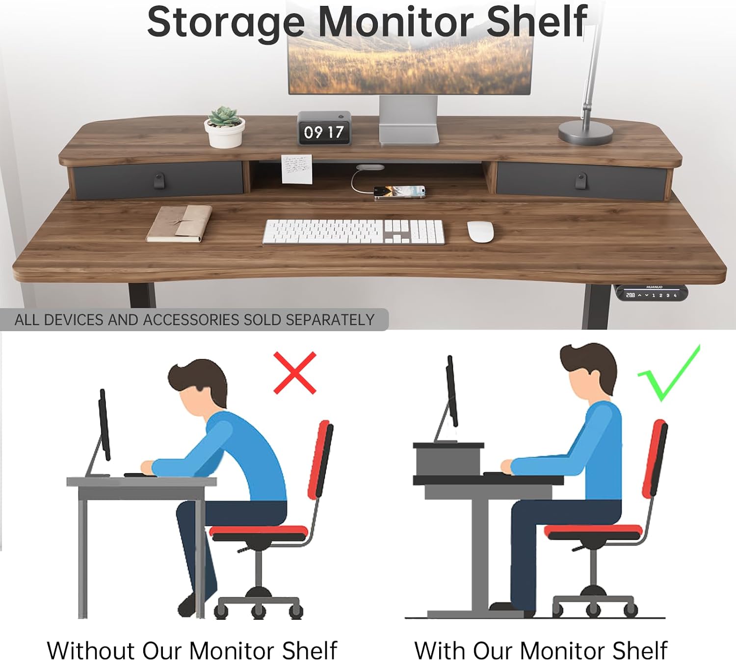 HUANUO 55' x 26' Electric Standing Desk with 2 Drawers, C-Clamp Mount Compatible, Height Adjustable Computer Desk, Home Office Stand Up Desk with 4 Preset Heights & 2 Hooks, Walnut