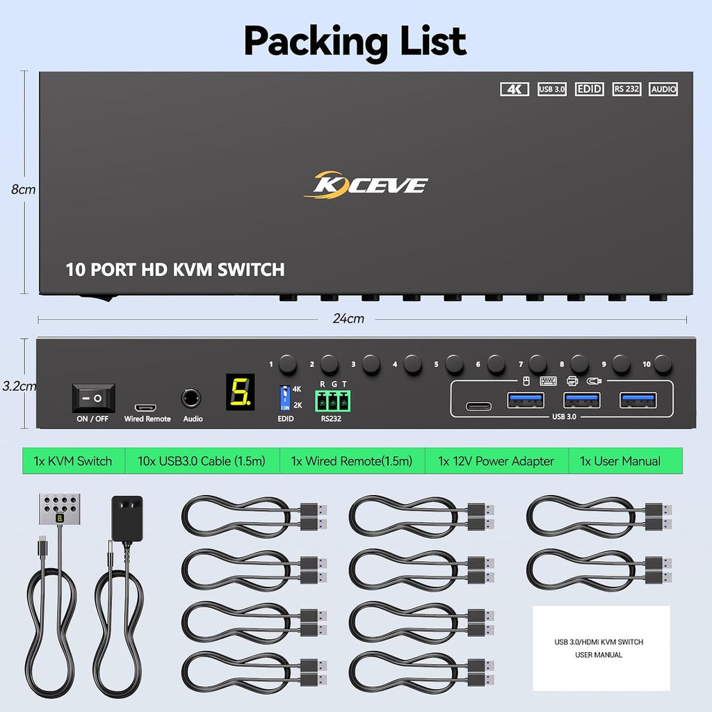 8 Port DisplayPort KVM Switch 4K@60Hz EDID Simulation, USB 3.0 DP KVM Switch for 8 Computers Share 1 Monitor and 4 USB Devices, Audio RS232,Wired Remote, 12V Power Supply & 8 USB Cables Included