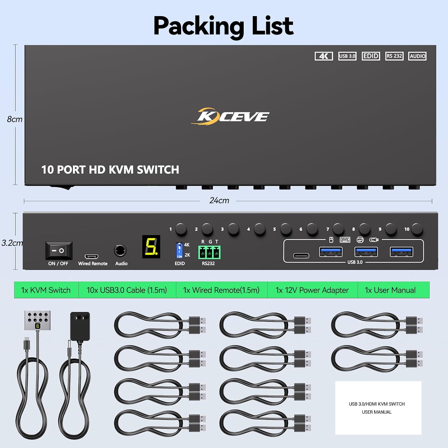 8 Port DisplayPort KVM Switch 4K@60Hz EDID Simulation, USB 3.0 DP KVM Switch for 8 Computers Share 1 Monitor and 4 USB Devices, Audio RS232,Wired Remote, 12V Power Supply & 8 USB Cables Included