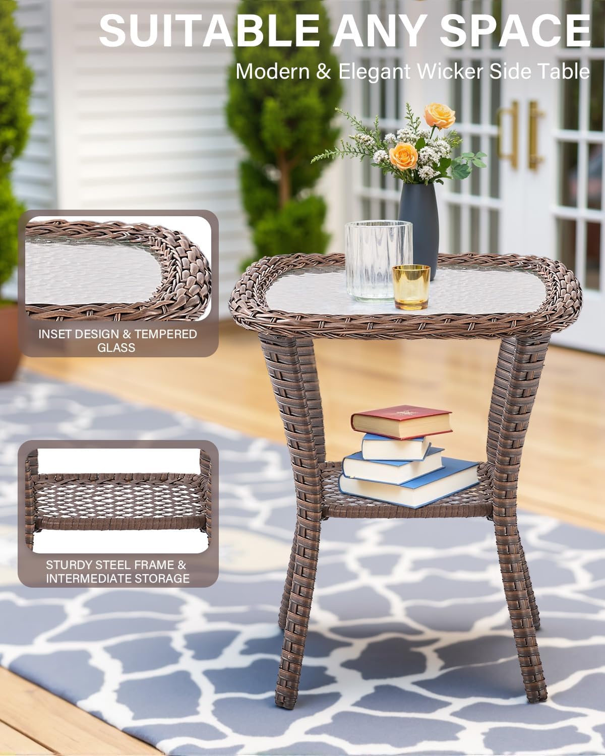Belord 5 Piece Wicker Patio Furniture Set with Ottoman - High Back Outdoor Swivel Rocker Glider Chairs with Glass Top Side Table,28D High-Density 6' Removable Blue Cushion for Deck Porch Backyard