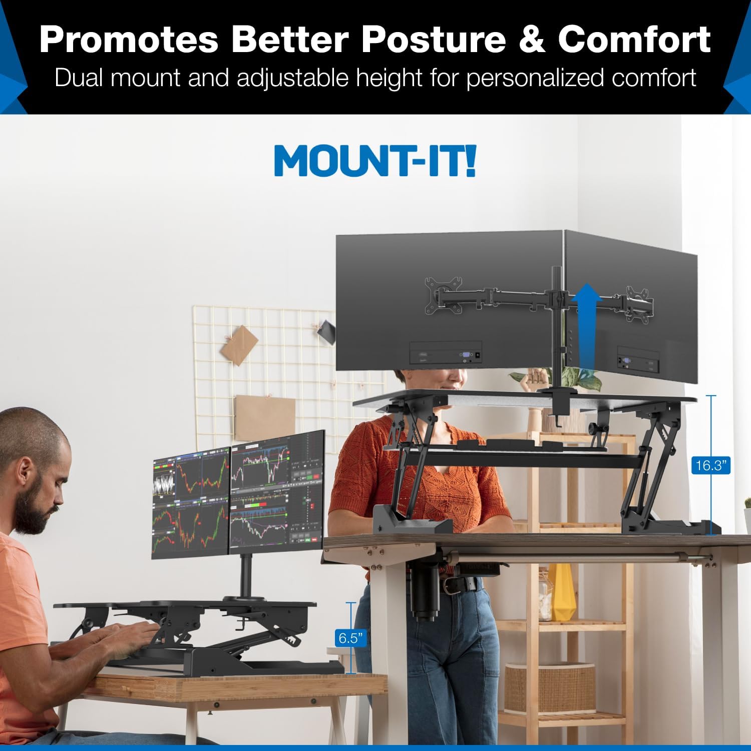 Mount-It! Standing Desk Converter Dual Monitor, 2 Screen Mounts Included, Height Adjustable Desk Riser in Black, Stand Up Desk Convertor Large 36' Wide, Sit Stand Convertor with Manual Lift Gas Spring
