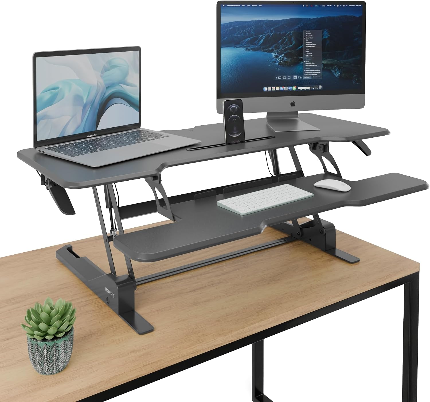 Mount-It! 47' Standing Desk Converter, XL Desktop Sit-Stand Desk Riser with Gas Spring Height Adjustment, Wide Desk Topper for Dual Monitors or Monitor & Laptop, Keyboard Tray, Black