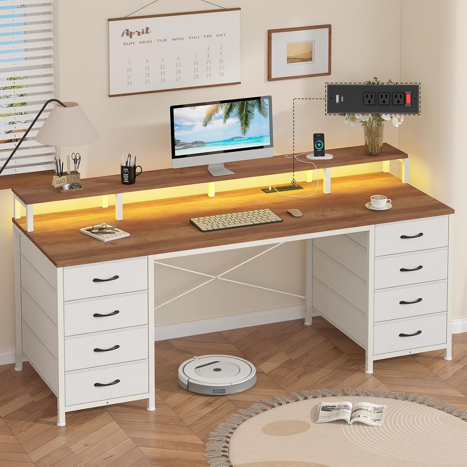 YOMILUVE 60 Inch Computer Desk with 8 Fabric Drawers, Gaming Desk with LED Lights & Power Outlets, Home Office Desk with Monitor Stand, Brown and White