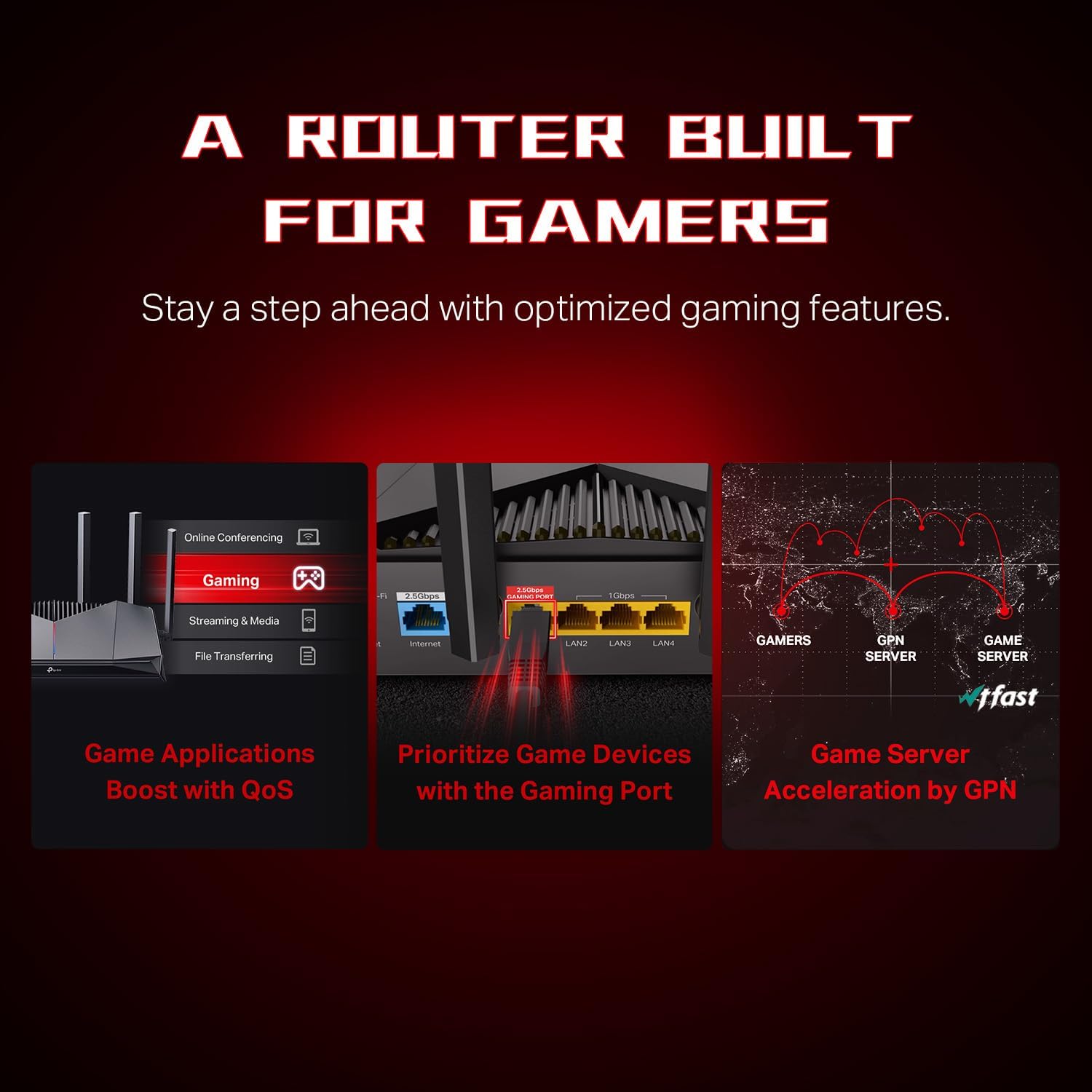 TP-Link Dual-Band BE6500 WiFi 7 Gaming Router Archer GE400 | 6-Stream 6.5 Gbps | 2 x 2.5G + 3 x 1G | Game Acceleration, Dedicated Gaming Port & Panel, RGB Lighting | Easymesh, Homeshield | No 6 GHz