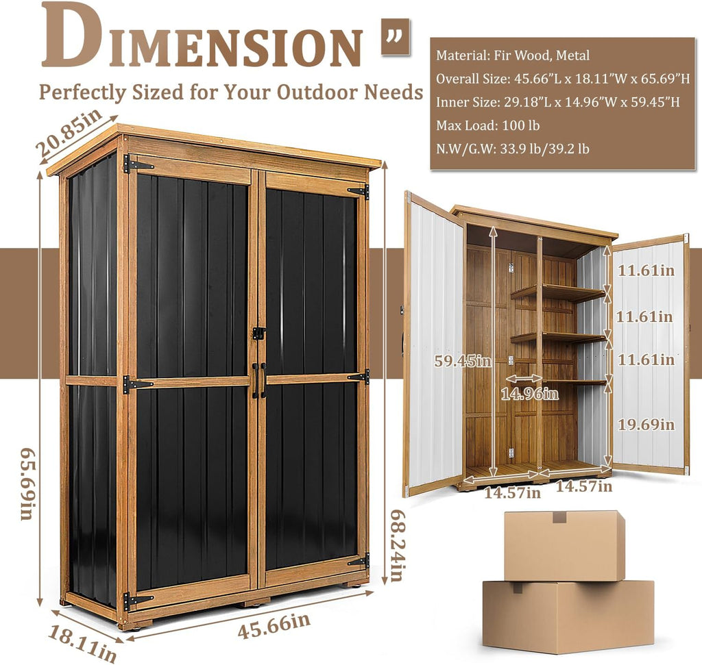 PetsCosset 46' L Large Outdoor Storage Cabinet with Shelves, Wood & Metal Storage Shed Weather-Resistant, Outside Storage Cabinet for Garage Patio Backyard Garden with Waterproof Roof
