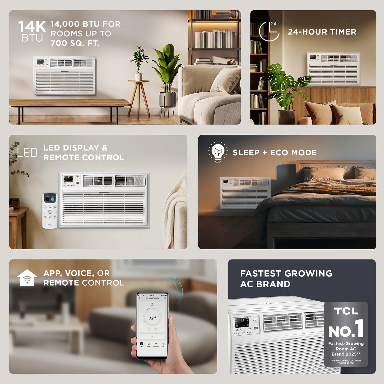 TCL H14T9XH Heat 14,000 Smart Through-The-Wall Air Conditioner, Heater, Fan & Dehumidifier, 230V, 700 Sq. Ft, Remote Control, Compatible with Alexa/Google Assistant, 14000 BTU, White