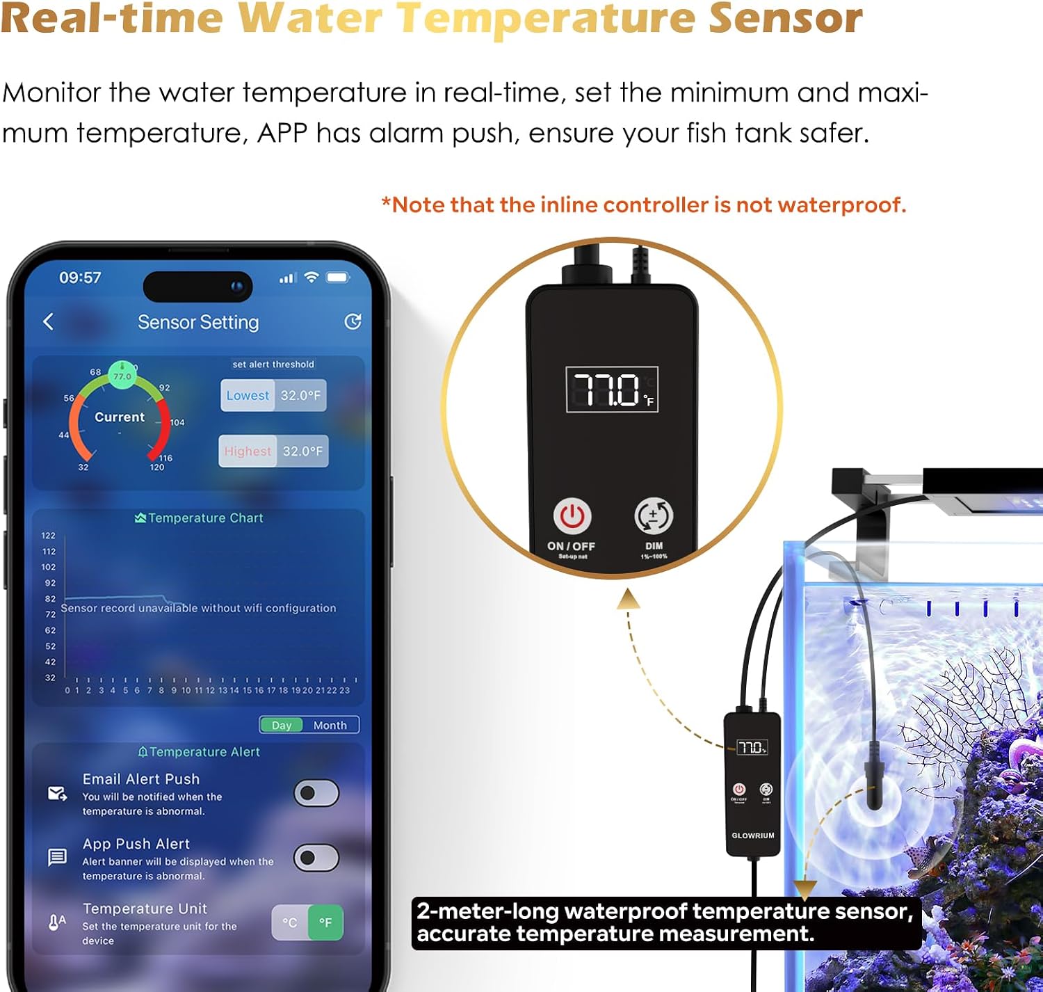 GLOWRIUM Saltwater Aquarium Light, Smart Reef Coral Fish Tank Light with Bluetooth + WiFi Dual Control App, DIY Spectrum, Brightness Adjustable, Anti-Drop, Real Time Water Temperature Sensor(24-30 in)